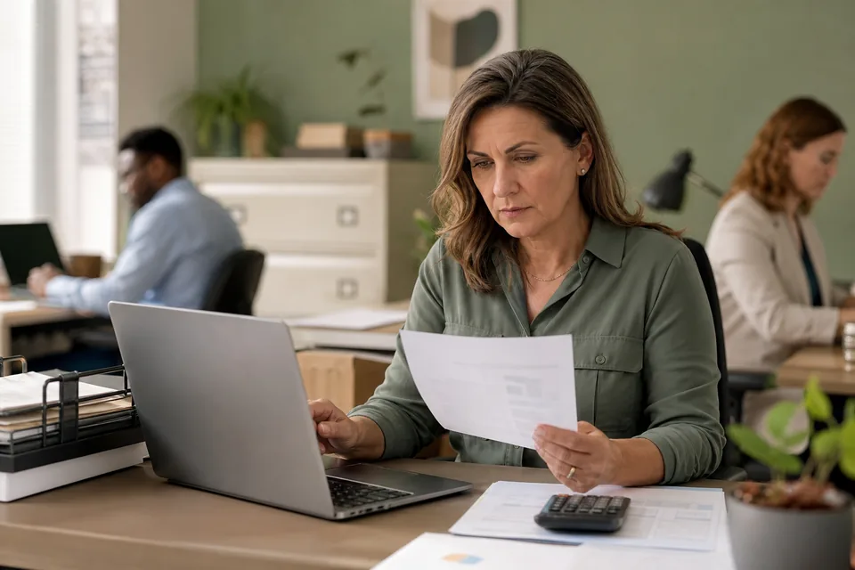 Office manager comparing a per-user software invoice with a printed staff list