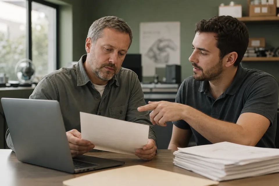 Operations lead reviewing a printed software license quote beside a stack of supplier contracts