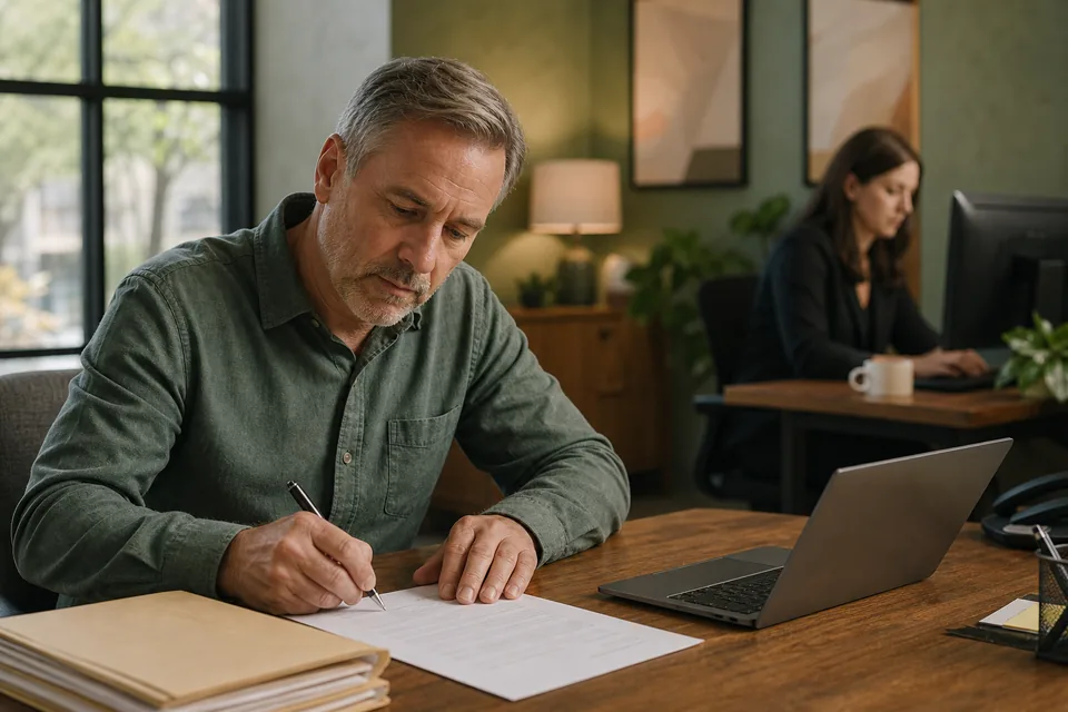 Small office owner signing a lease agreement next to a laptop and a stack of contracts