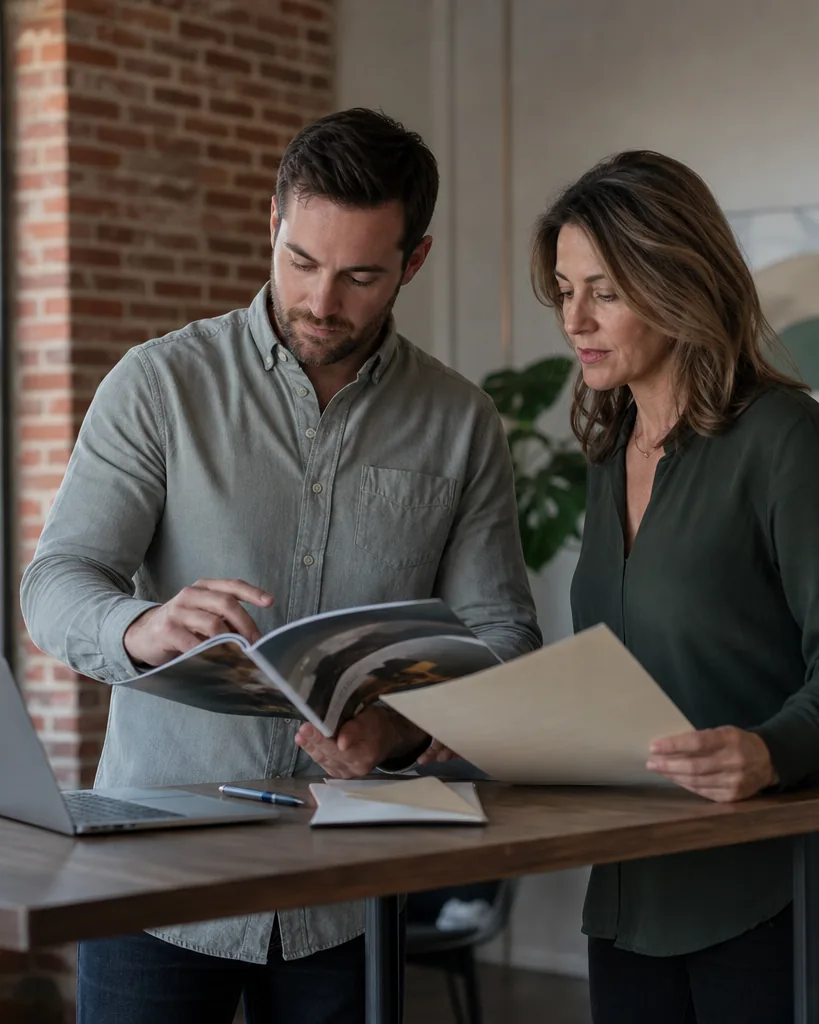 Two partners at a small agency weighing a sales proposal against a plain service contract