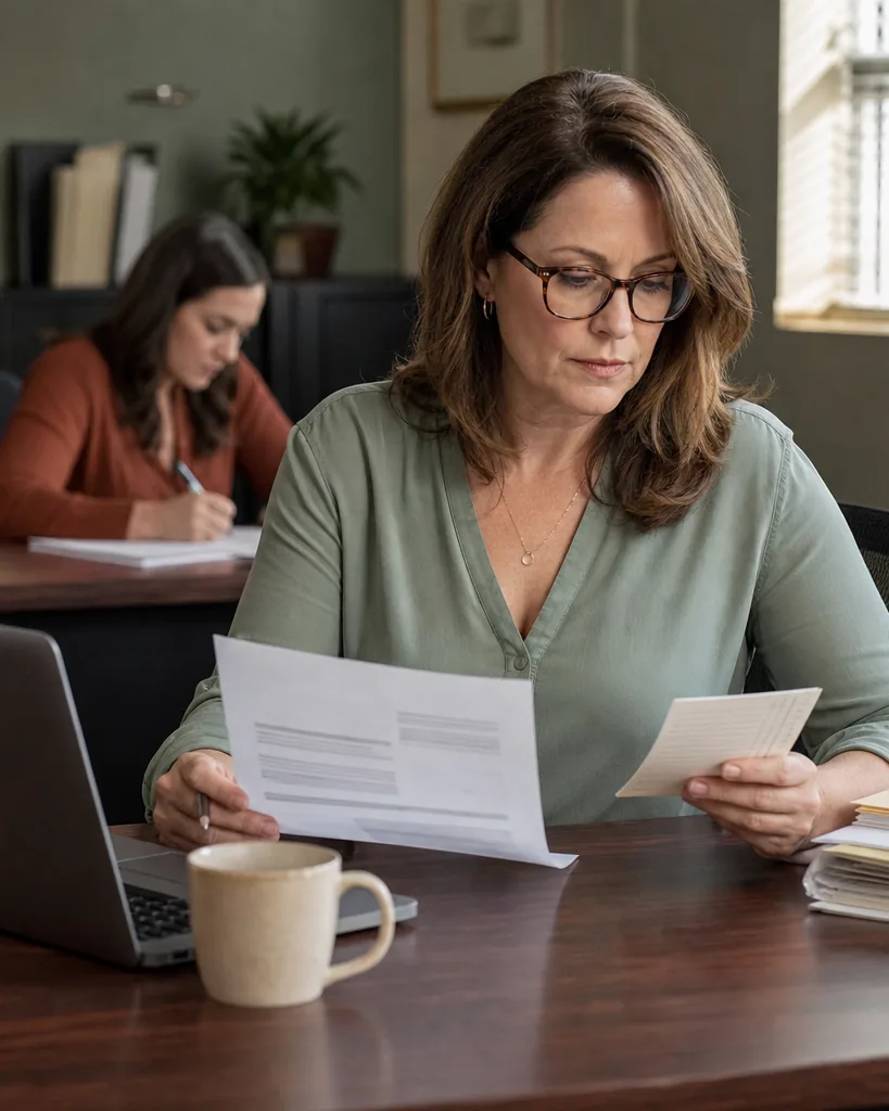 Office manager comparing a software renewal invoice with a list of three staff who send contracts