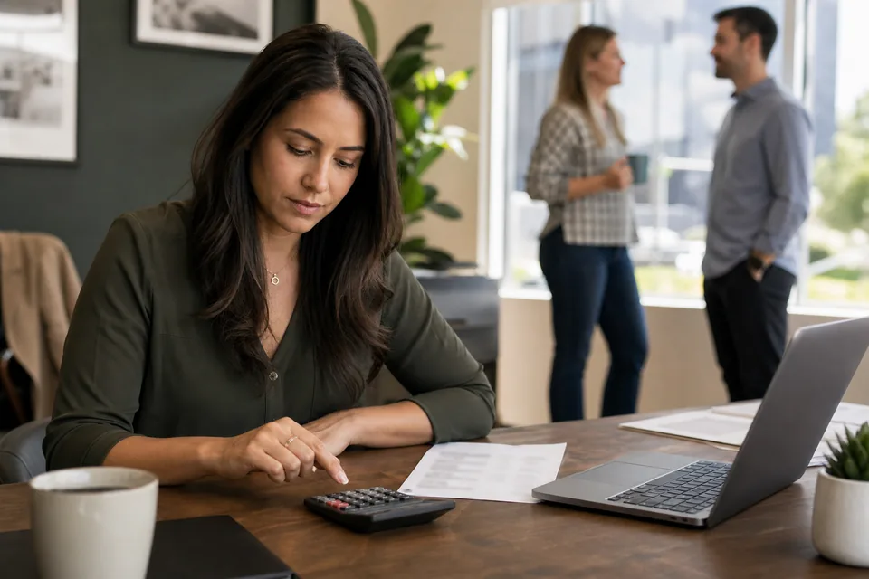 Office manager at a small brokerage adding up per-seat software costs next to a printed staff list